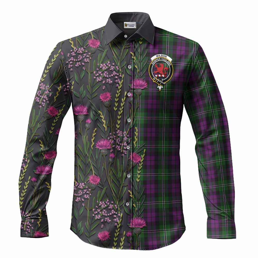 Wilson Family Crest Tartan Long Sleeve Button Shirts Scottish Thistle Flower Pattern Half Style - Tartan Vibes Clothing