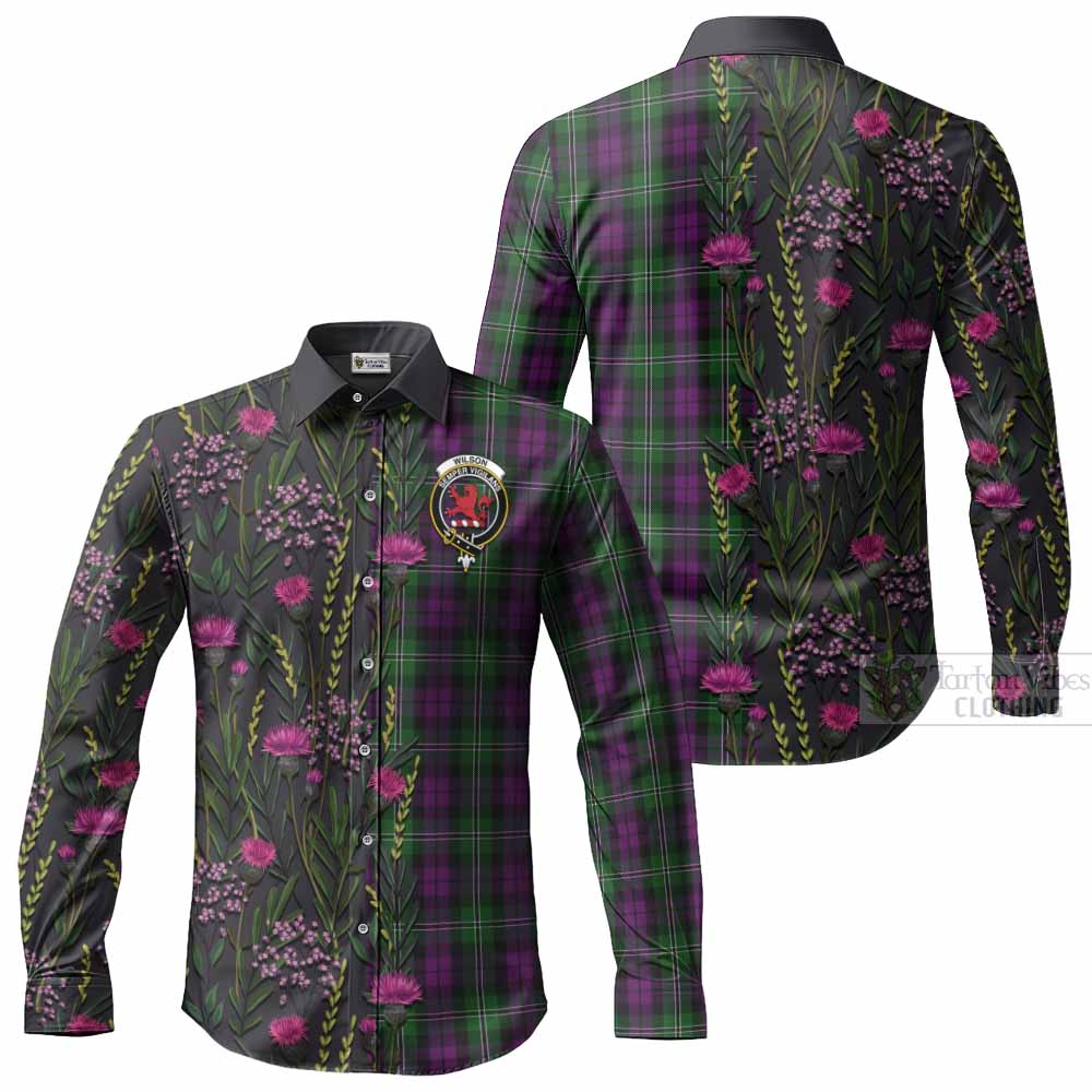 Wilson Family Crest Tartan Long Sleeve Button Shirts Scottish Thistle Flower Pattern Half Style - Tartan Vibes Clothing