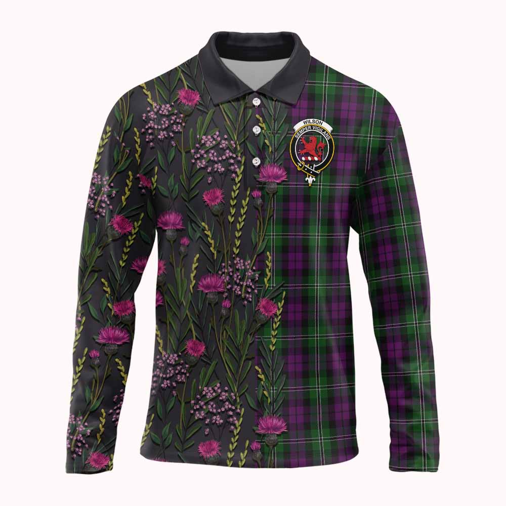Wilson Family Crest Tartan Long Sleeve Polo Shirt Scottish Thistle Flower Pattern Half Style - Tartan Vibes Clothing