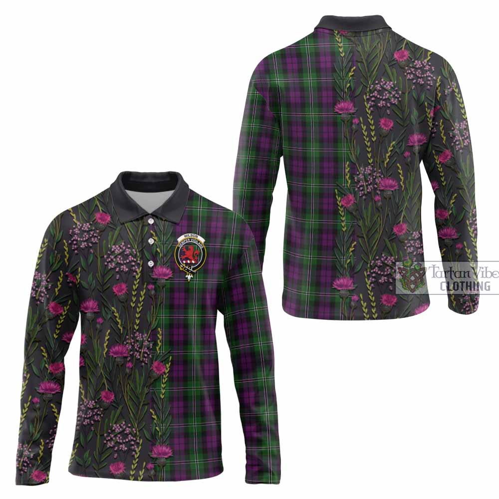 Wilson Family Crest Tartan Long Sleeve Polo Shirt Scottish Thistle Flower Pattern Half Style - Tartan Vibes Clothing