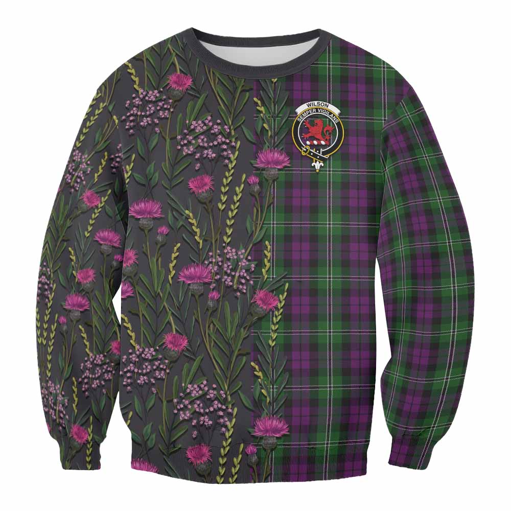 Wilson Family Crest Tartan Sweatshirt Scottish Thistle Flower Pattern Half Style - Tartan Vibes Clothing