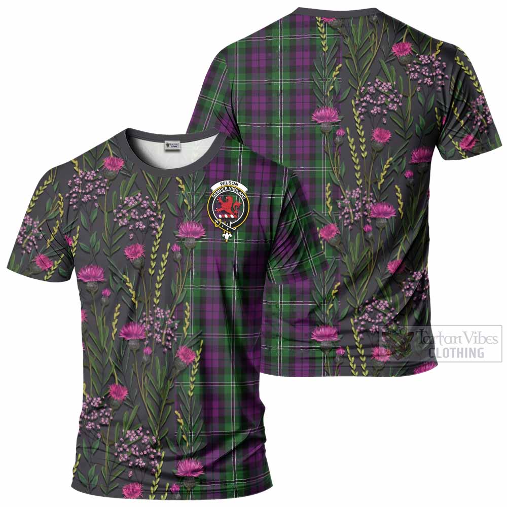 Wilson Family Crest Tartan T-Shirt Scottish Thistle Flower Pattern Half Style - Tartan Vibes Clothing