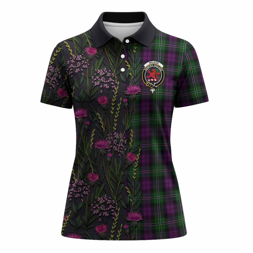 Wilson Family Crest Tartan Women Polo Shirt Scottish Thistle Flower Pattern Half Style - Tartan Vibes Clothing