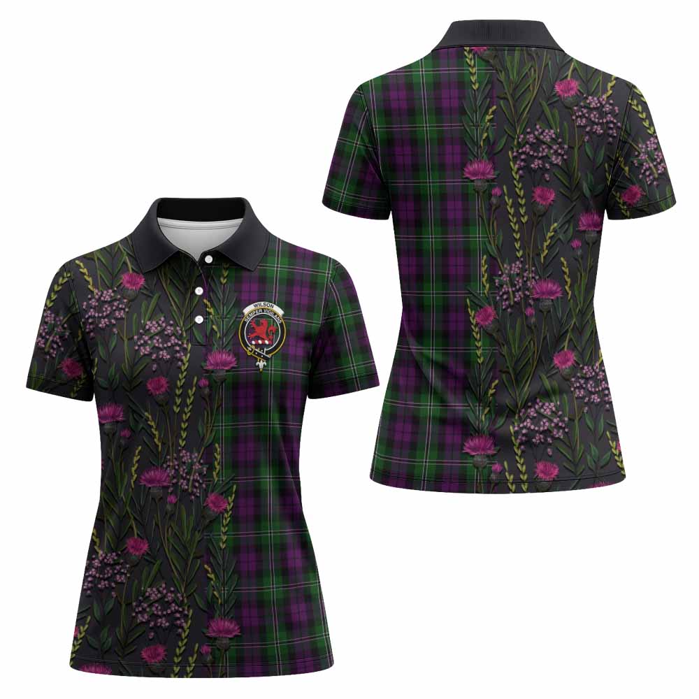 Wilson Family Crest Tartan Women Polo Shirt Scottish Thistle Flower Pattern Half Style - Tartan Vibes Clothing