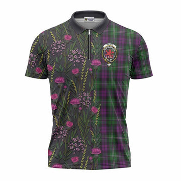 Wilson Family Crest Tartan Zipper Polo Shirt Scottish Thistle Flower Pattern Half Style - Tartan Vibes Clothing