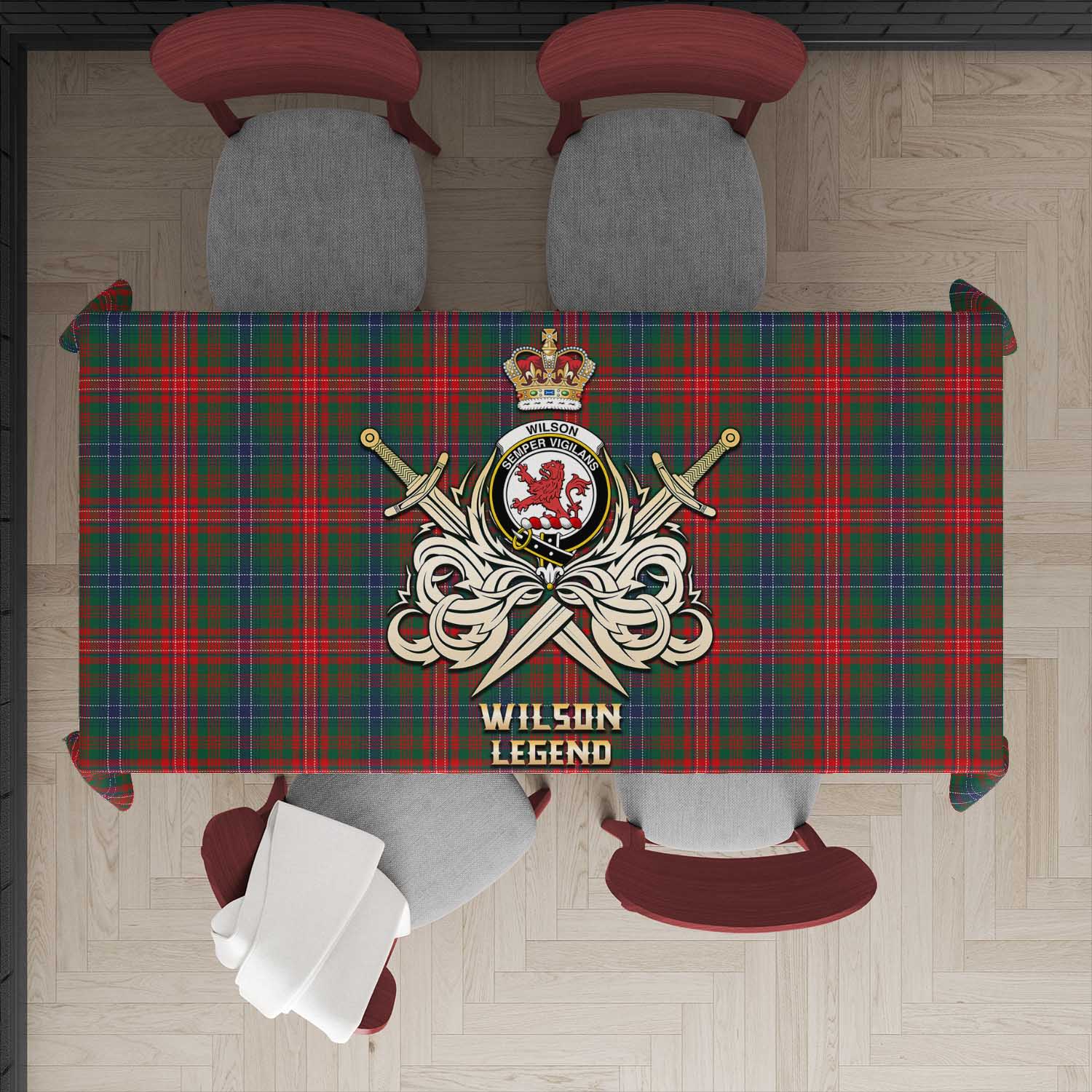 Tartan Vibes Clothing Wilson Modern Tartan Tablecloth with Clan Crest and the Golden Sword of Courageous Legacy