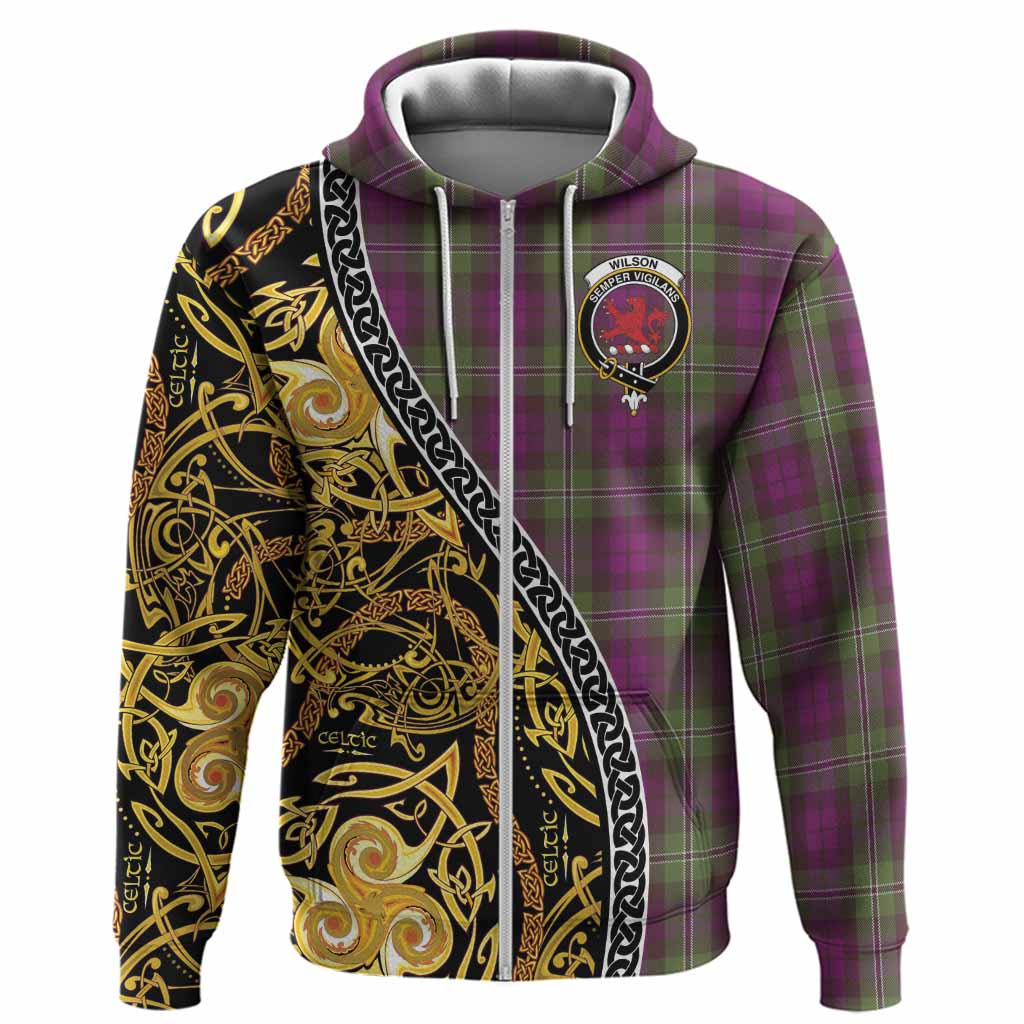 Wilson Tartan Crest Hoodie Celtic Knot and Triple Trickle Spiral Symbols