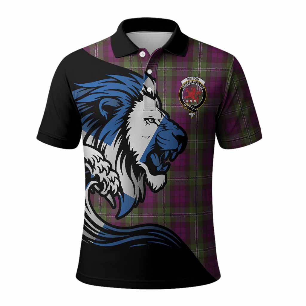 Wilson Tartan Crest Polo Shirt Scottish Golden Lions Wave Flow