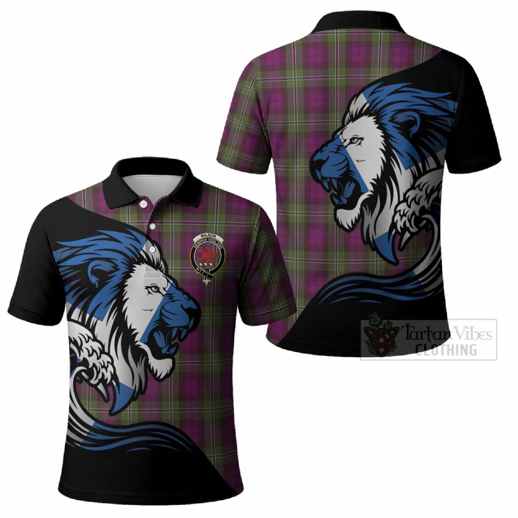 Wilson Tartan Crest Polo Shirt Scottish Golden Lions Wave Flow