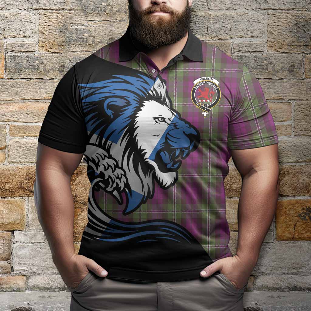 Wilson Tartan Crest Polo Shirt Scottish Golden Lions Wave Flow