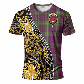 Wilson Tartan Crest T-Shirt Celtic Knot and Triple Trickle Spiral Symbols