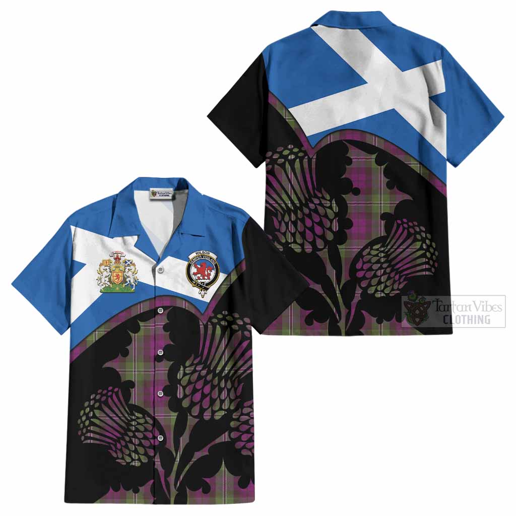 Wilson Tartan Family Crest Cotton Hawaiian Shirt Scotland Thistle Floral Flag Style