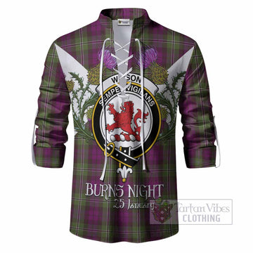 Wilson Tartan Family Crest Ghillie Shirt Scottish Burns Night Thistle Floral