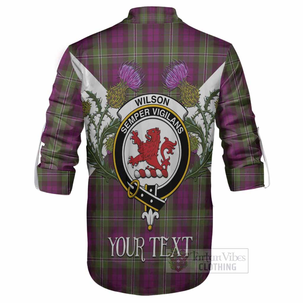 Wilson Tartan Family Crest Ghillie Shirt Scottish Burns Night Thistle Floral