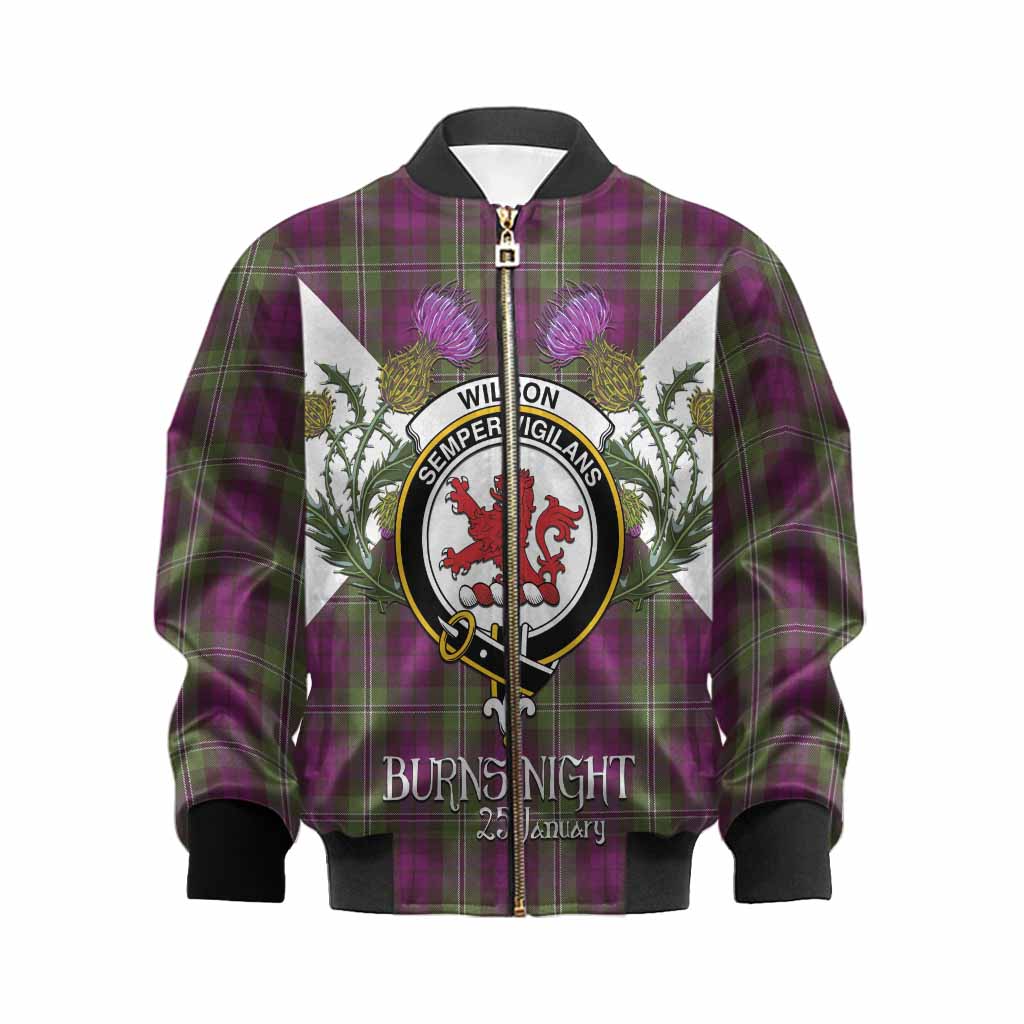 Wilson Tartan Family Crest Kid Bomber Jacket Scottish Burns Night Thistle Floral