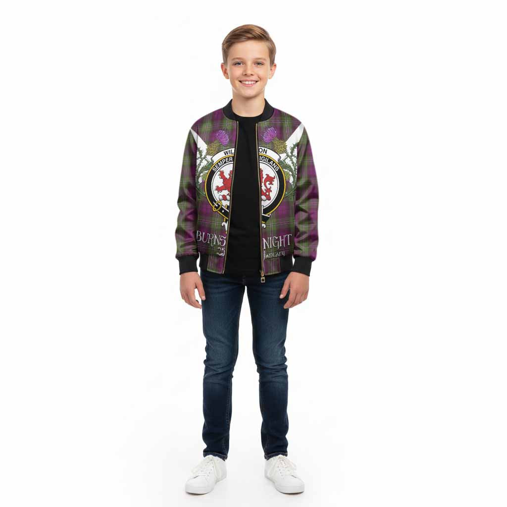 Wilson Tartan Family Crest Kid Bomber Jacket Scottish Burns Night Thistle Floral