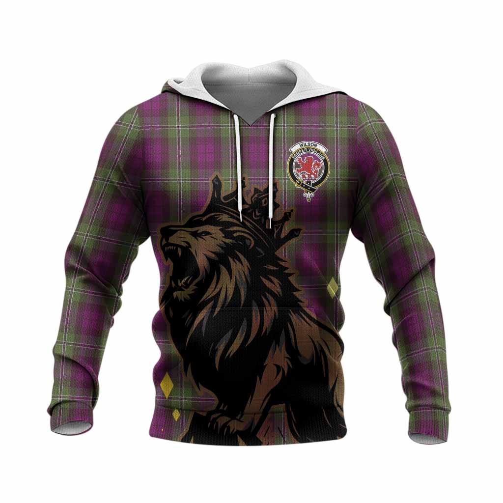 Wilson Tartan Family Crest Knitted Hoodie Crowned Lion Roaring