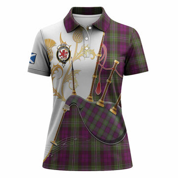 Wilson Tartan Family Crest Women Polo Shirt Bagpipes with Scottish Thistle