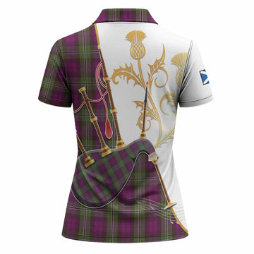 Wilson Tartan Family Crest Women Polo Shirt Bagpipes with Scottish Thistle