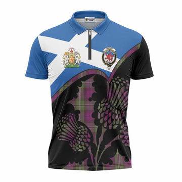 Wilson Tartan Family Crest Zipper Polo Shirt Scotland Thistle Floral Flag Style