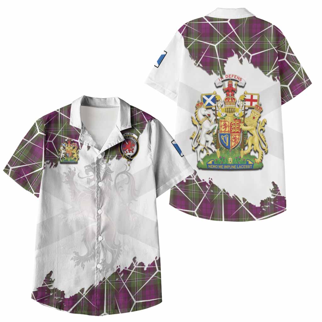 Wilson Tartan Kid Hawaiian Shirt with Family Crest and Lion Rampant Grunge Style
