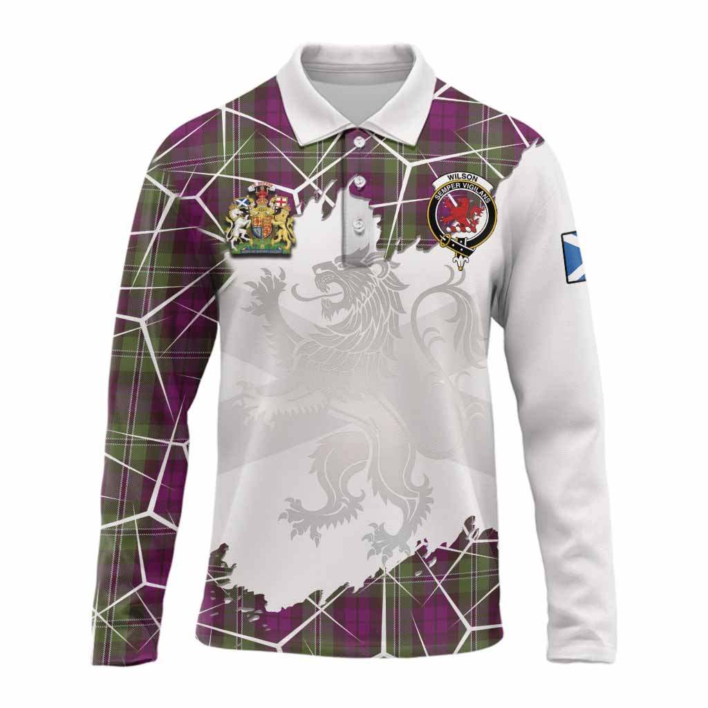 Wilson Tartan Long Sleeve Polo Shirt with Family Crest and Lion Rampant Grunge Style