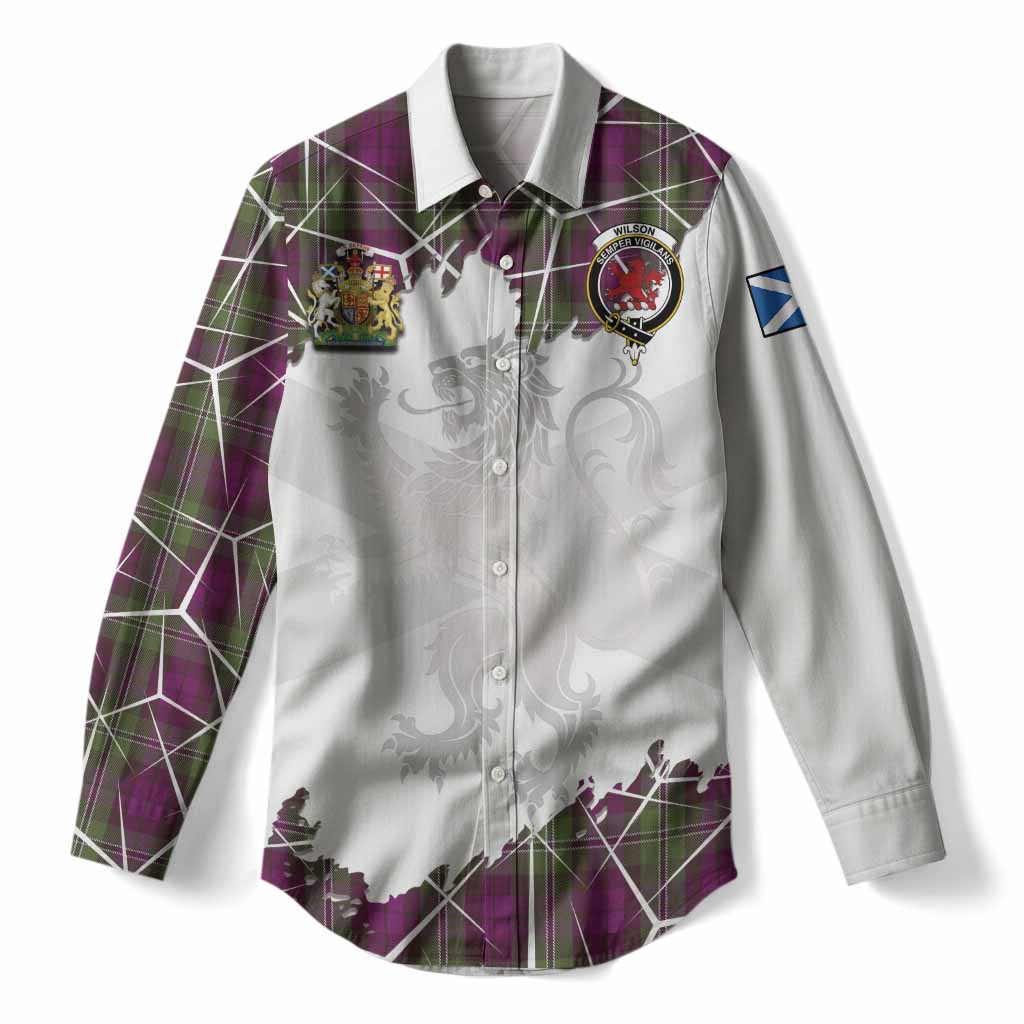 Wilson Tartan Women Casual Shirt with Family Crest and Lion Rampant Grunge Style
