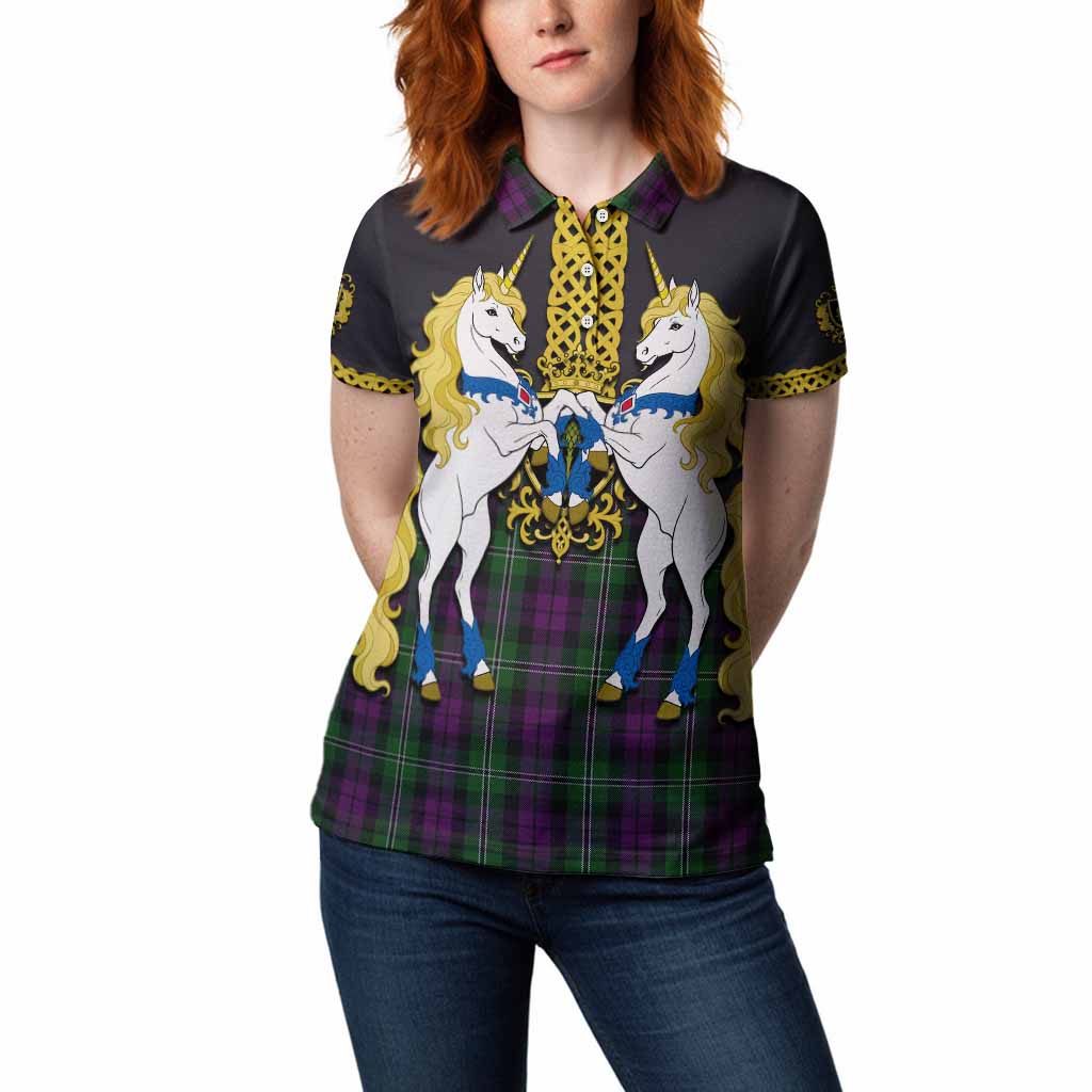 Wilson Tartan Women Polo Shirt Unicorn Celtic Knot And Thistle Emblem