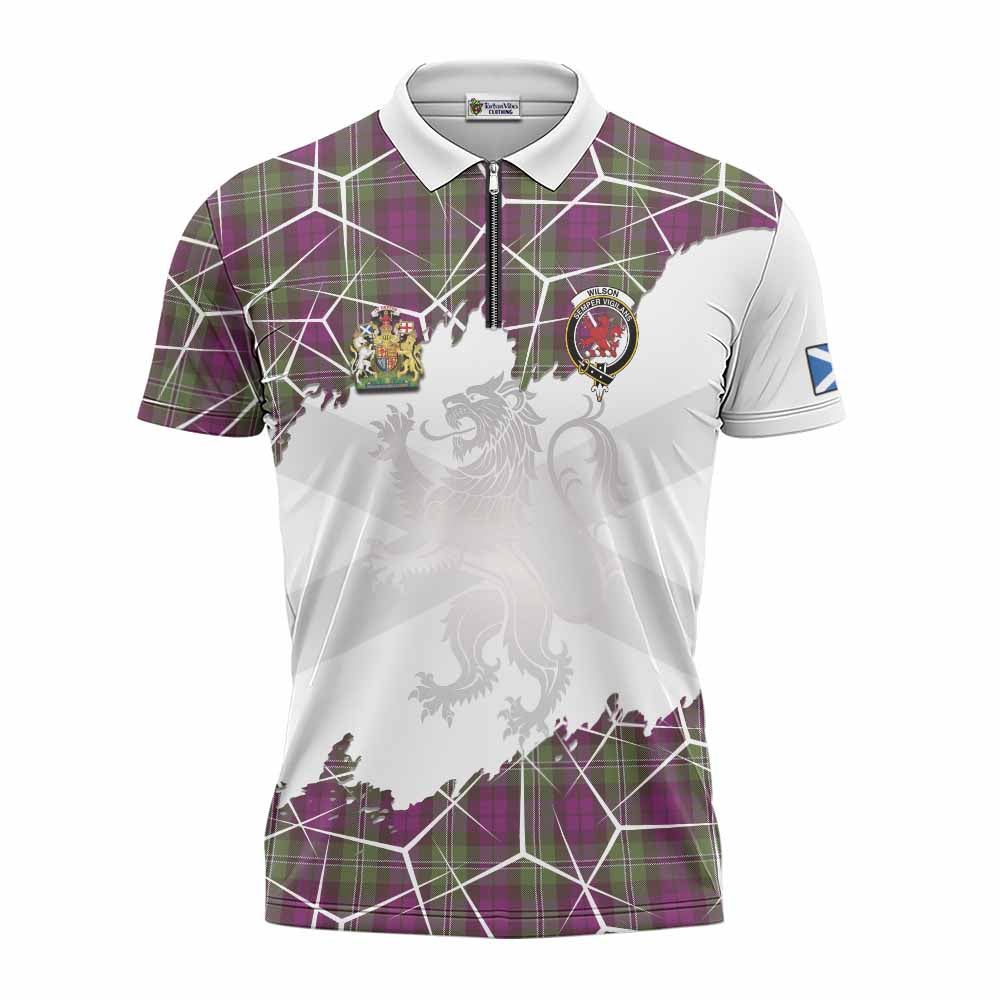 Wilson Tartan Zipper Polo Shirt with Family Crest and Lion Rampant Grunge Style