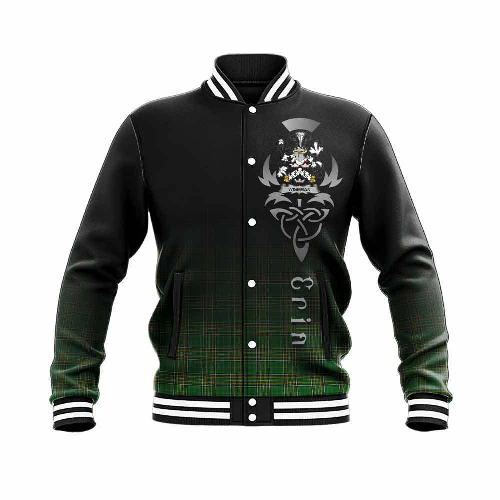 Tartan Vibes Clothing Wiseman Irish Clan Baseball Jacket with Coat of Arms Erin Go Bragh Celtic Inspired