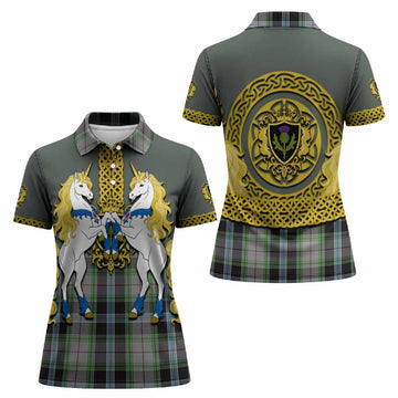 Wiseman Tartan Women Polo Shirt Unicorn Celtic Knot And Thistle Emblem