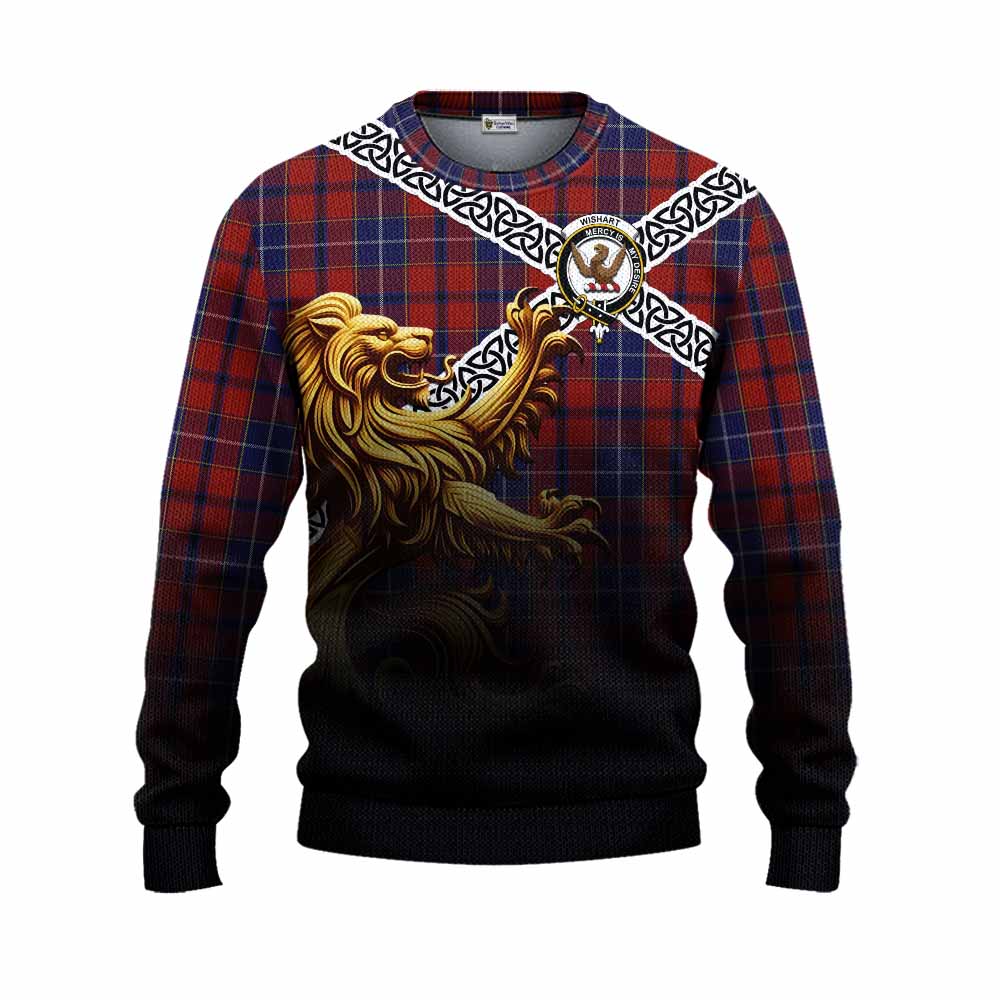 Tartan Vibes Clothing Wishart Crest Tartan Knitted Sweater with Golden Lion Emblem Celtic Style