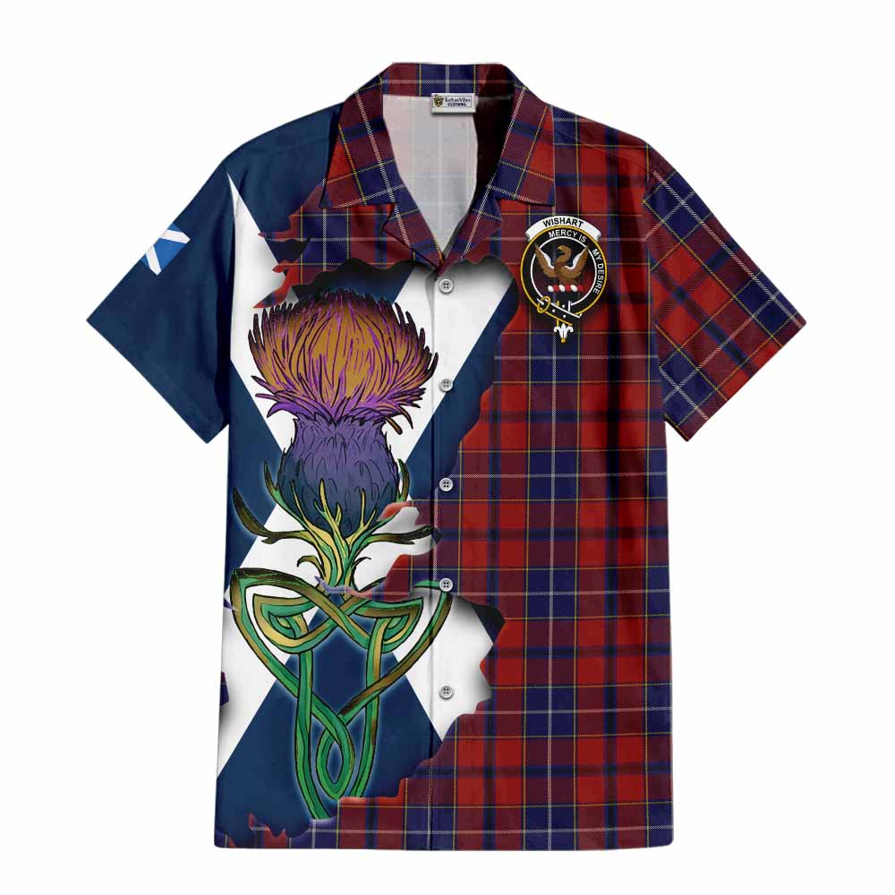 Tartan Vibes Clothing Wishart Tartan Family Crest Short Sleeve Button Shirt Scottish Thistle Celtic Inspired