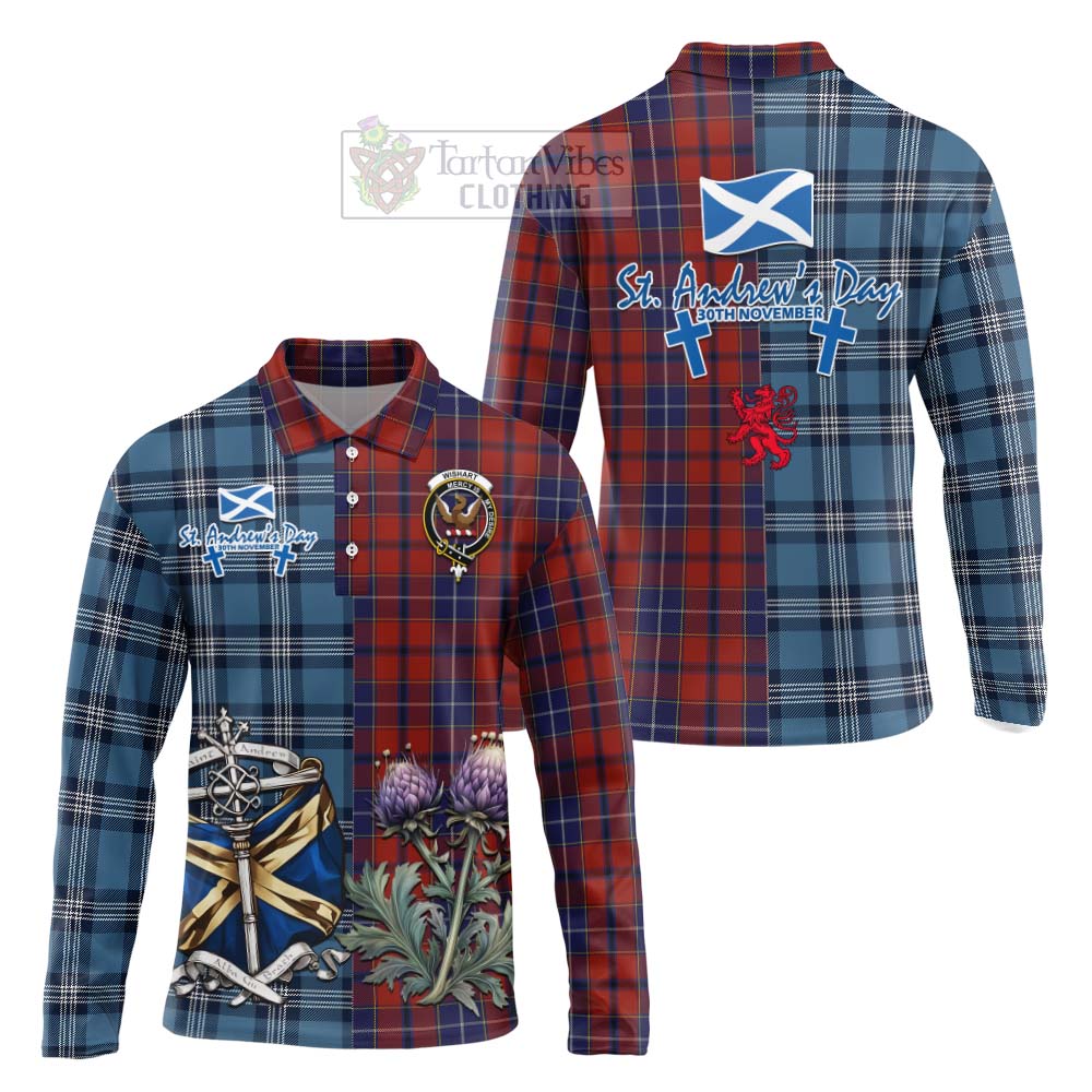 Tartan Vibes Clothing Wishart Tartan Long Sleeve Polo Shirt Happy St. Andrew's Day Half Tartan Style