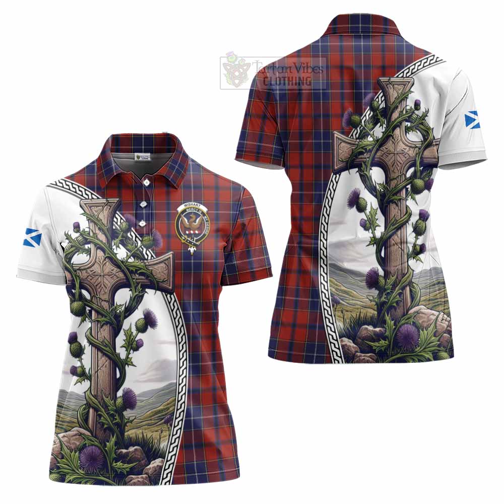 Tartan Vibes Clothing Wishart Tartan Women's Polo Shirt with Family Crest and St. Andrew's Cross Accented by Thistle Vines