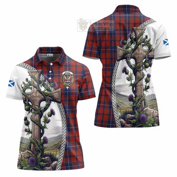 Tartan Vibes Clothing Wishart Tartan Women's Polo Shirt with Family Crest and St. Andrew's Cross Accented by Thistle Vines