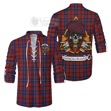 Tartan Vibes Clothing Wishart Tartan Ghillie Kilt Shirt with Family Crest and Bearded Skull Holding Bottles of Whiskey