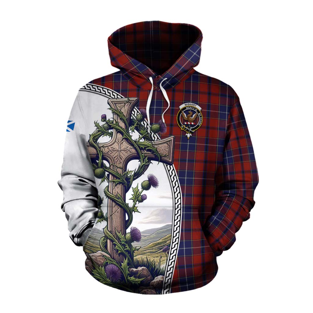 Tartan Vibes Clothing Wishart Tartan Cotton Hoodie with Family Crest and St. Andrew's Cross Accented by Thistle Vines