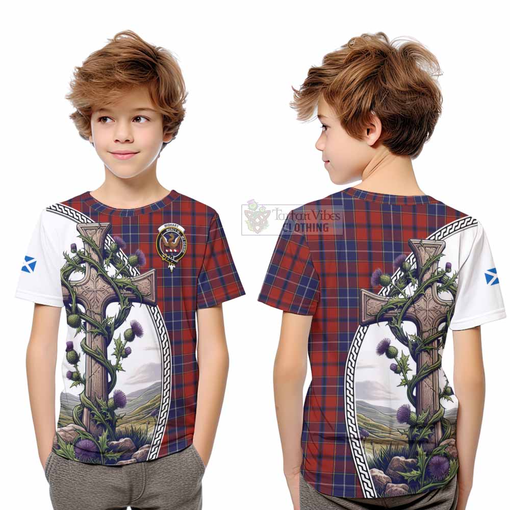 Tartan Vibes Clothing Wishart Tartan Kid T-Shirt with Family Crest and St. Andrew's Cross Accented by Thistle Vines
