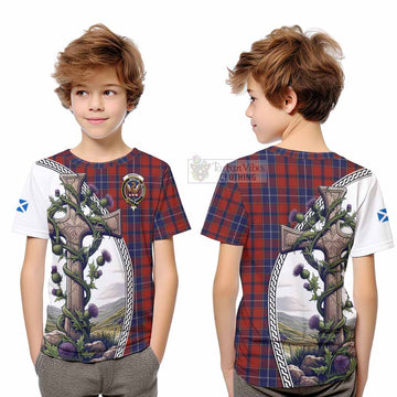 Tartan Vibes Clothing Wishart Tartan Kid T-Shirt with Family Crest and St. Andrew's Cross Accented by Thistle Vines