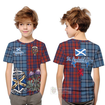 Tartan Vibes Clothing Wishart Tartan Kid T-Shirt Happy St. Andrew's Day Half Tartan Style