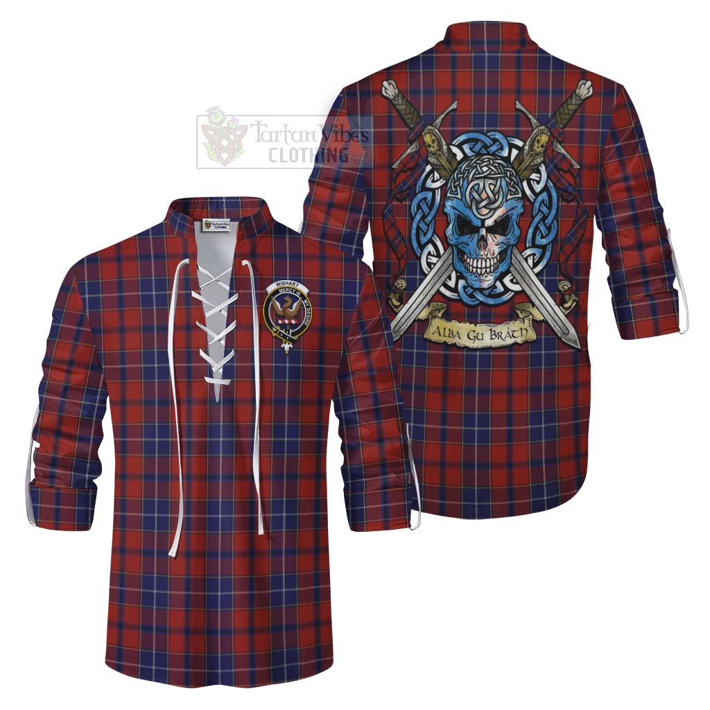 Tartan Vibes Clothing Wishart Tartan Ghillie Kilt Shirt with Family Crest Celtic Skull Style