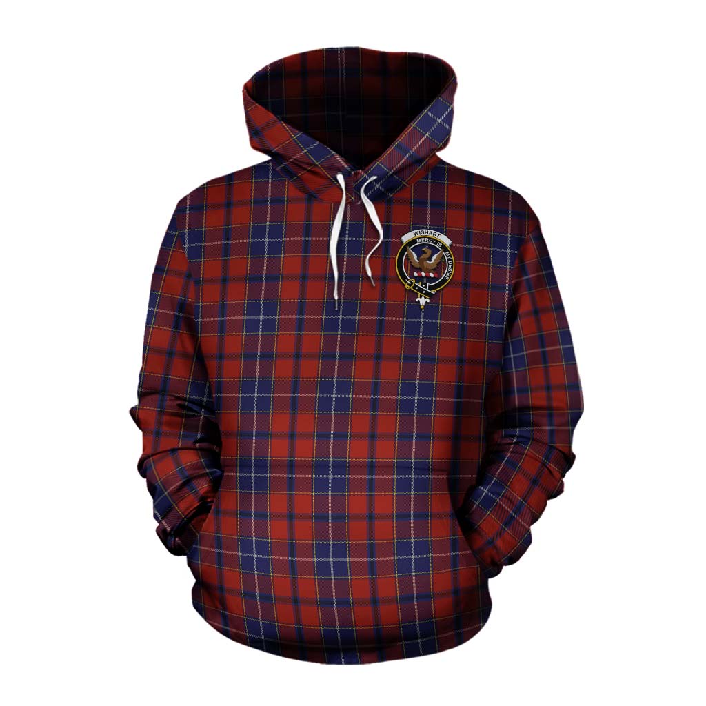 Tartan Vibes Clothing Wishart Tartan Cotton Hoodie with Family Crest and Bearded Skull Holding Bottles of Whiskey