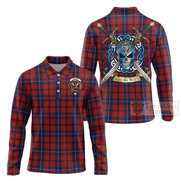 Tartan Vibes Clothing Wishart Tartan Long Sleeve Polo Shirt with Family Crest Celtic Skull Style