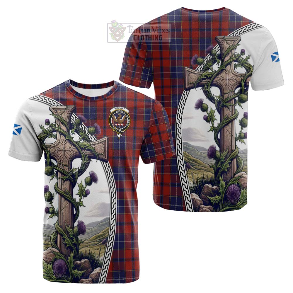 Tartan Vibes Clothing Wishart Tartan Cotton T-shirt with Family Crest and St. Andrew's Cross Accented by Thistle Vines