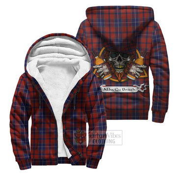 Tartan Vibes Clothing Wishart Tartan Sherpa Hoodie with Family Crest and Bearded Skull Holding Bottles of Whiskey