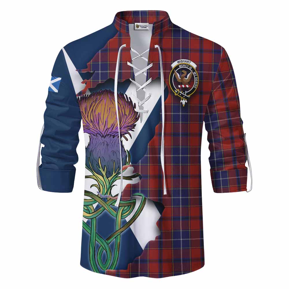 Tartan Vibes Clothing Wishart Tartan Family Crest Ghillie Kilt Shirt Scottish Thistle Celtic Inspired