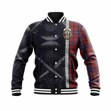 Tartan Vibes Clothing Wishart Tartan Baseball Jacket with Family Crest Cross Sword Thistle Celtic Vibes