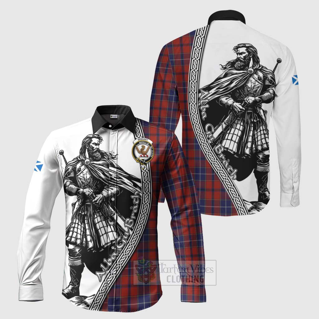 Tartan Vibes Clothing Wishart Tartan Clan Crest Long Sleeve Button Shirt with Highlander Warrior Celtic Style