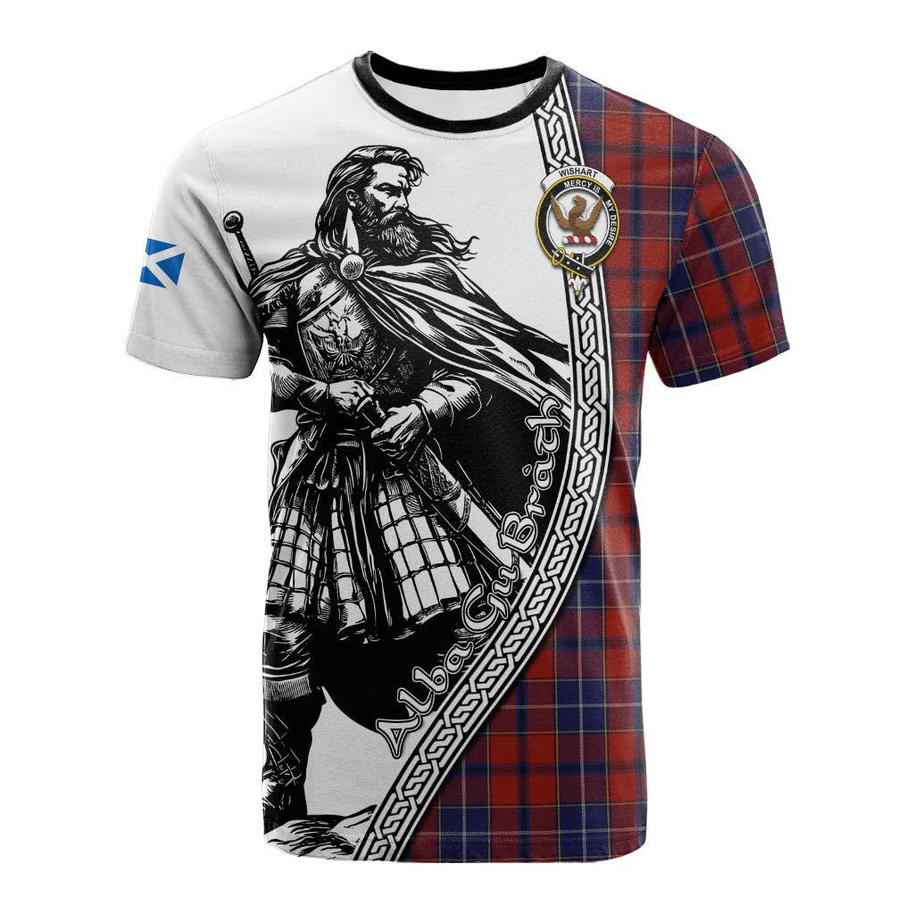Wishart Tartan Clan Crest Cotton T-shirt with Highlander Warrior Celtic Style